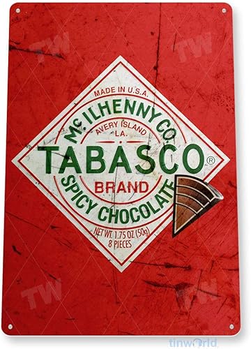 Tinworld Letrero de lata: Tobasco chocolate picante rústico salsa picante metal letrero decoración cocina casa granja B469