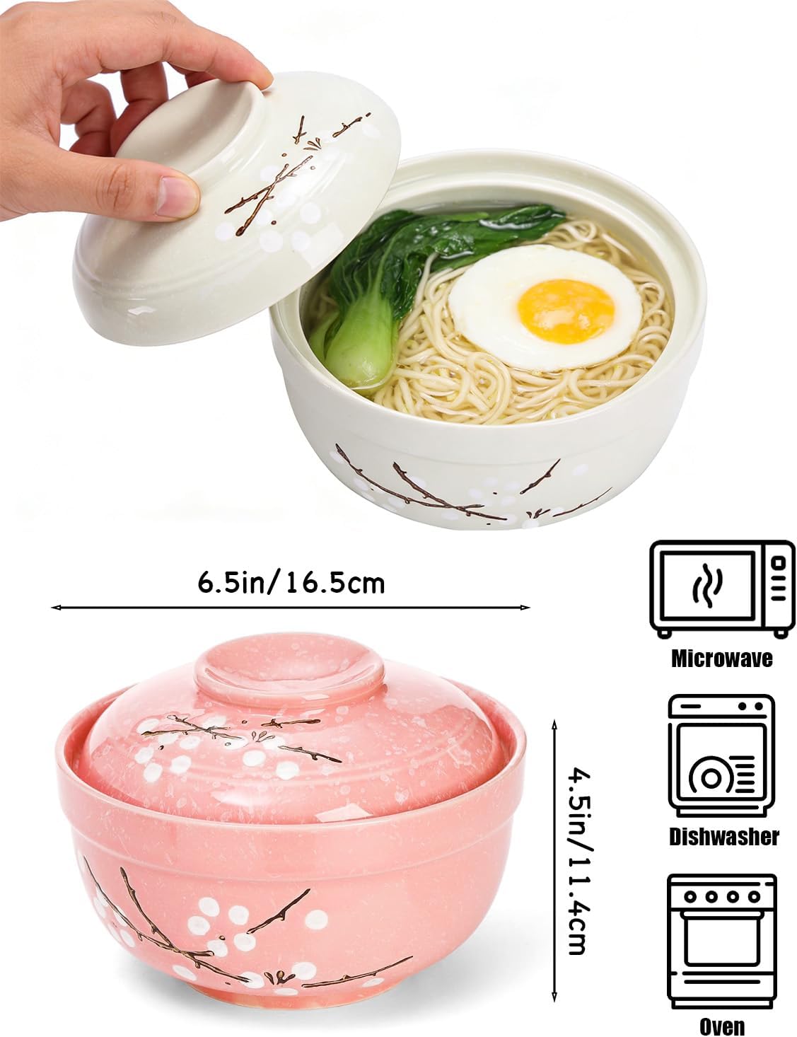 Ceramic Ramen Bowl, 2 Pack 27 Oz Ramen Bowl With Lid Japanese Soup Bowls With Lid Korean Soup Bowls For Noodles, Porridge, Rice, Dishwasher Safe (Pink, Griege) image 2