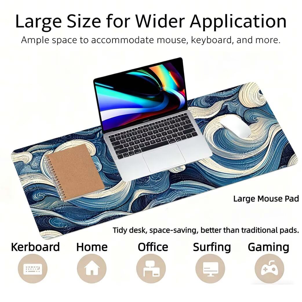 Lpfieonn Abstrakt Großes Schreibtischunterlage, XXL Schreibtischunterlagen, Blau XXL Wasserdicht Gaming Mousepad mit Vernähter Rand und Rutschfeste Gummibasis, für Laptop/Hause/Büro 120x60cm PF-3177