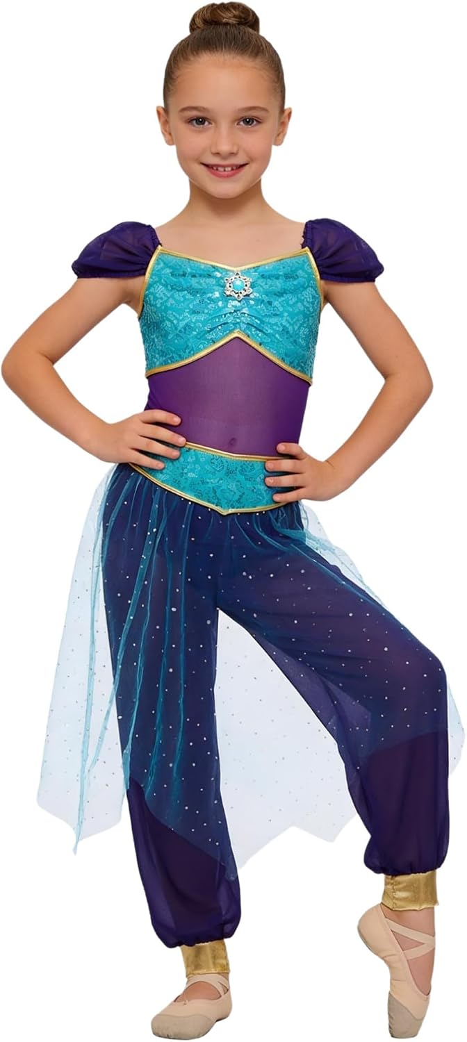 TiaoBug Girls Arabian Princess Belly Dance Rompers Jumpsuit Rhinestone Sequined Waist Tulle Dress