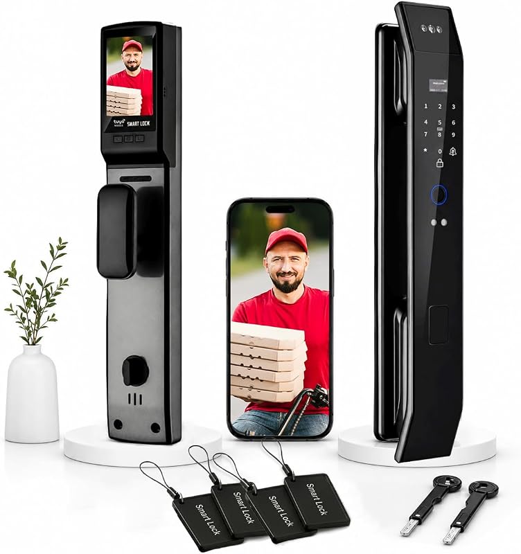 Smart Door Lock with 3D Face Recognition & Camera, Intercom, Video Doorbell, Fingerprint Keyless Entry, Password, IC Card, Key, Alexa Compatible via Tuya App Control, Smart Home Front Door Security