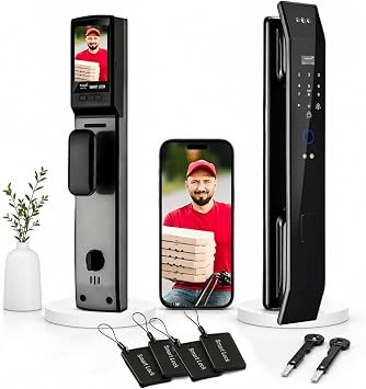 Smart Door Lock with 3D Face Recognition & Camera, Intercom, Video Doorbell, Fingerprint Keyless Entry, Password, IC Card, Key, Alexa Compatible via Tuya App Control, Smart Home Front Door Security