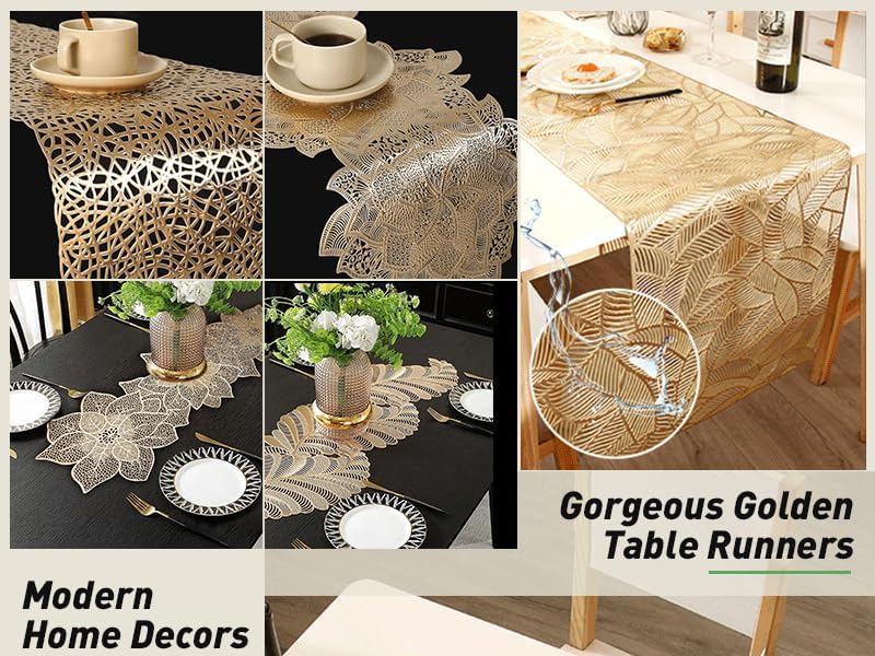 Miniatura 7 de FAVE Camino de mesa dorado de 36 pulgadas resistente al calor, camino de mesa de vinilo en forma de hojas, impermeable, lavable, para bodas,