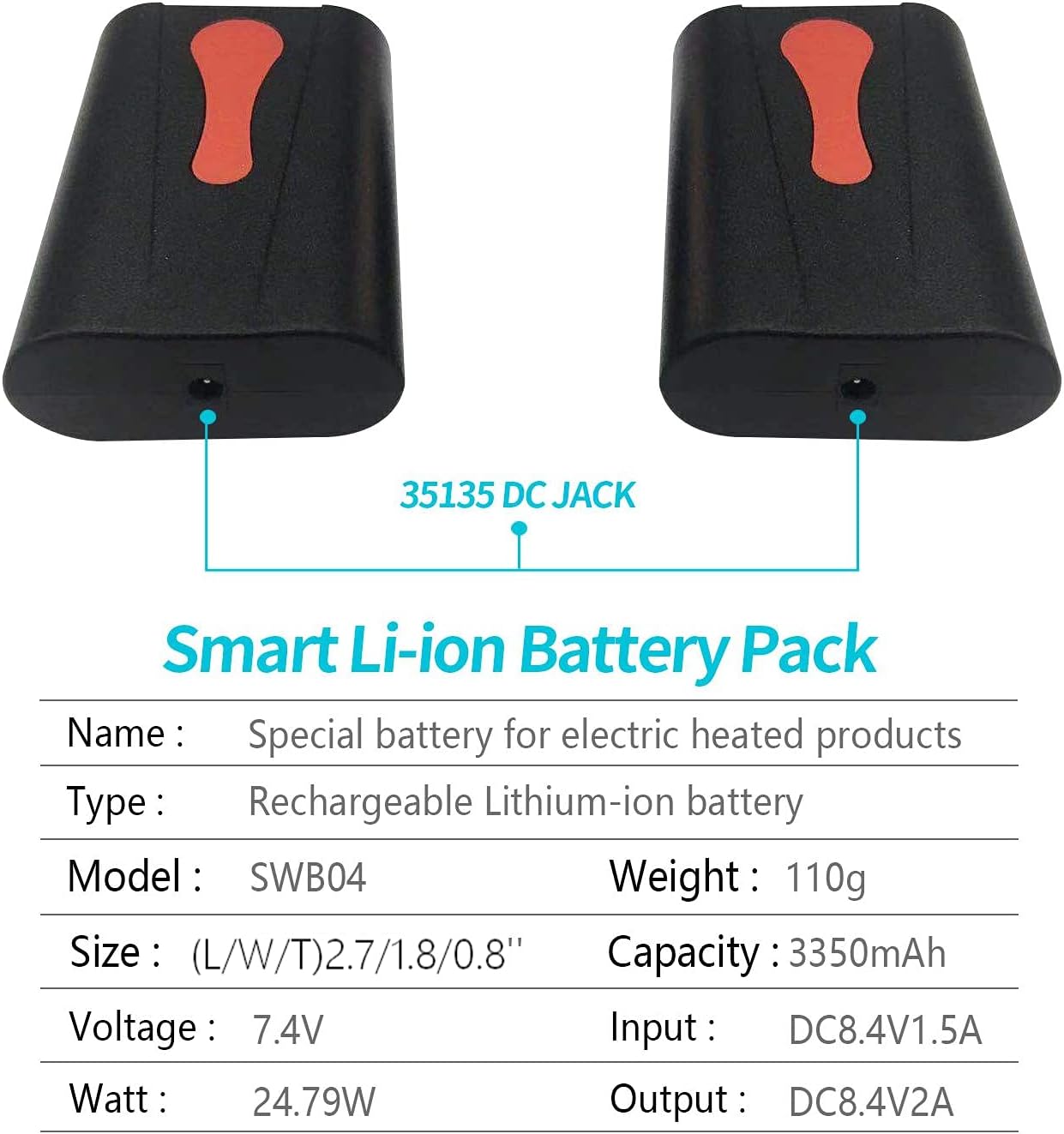 CUEHEAT 7.4V Li-Polymer Battery Pack Replacement for Heated Gloves, Mittens, Socks, Vest, Jacket, Hat, Knee Braces, Waist Pad, Thermal Underwear