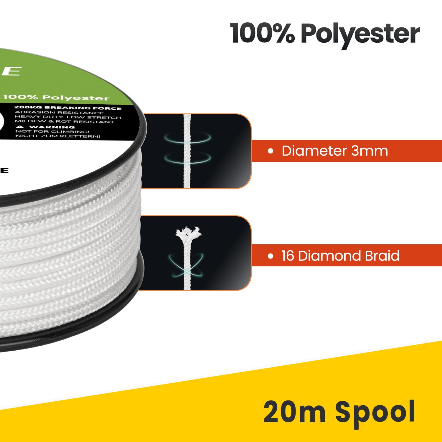 Corda In Poliestere Intrecciata 3mm X 50m Bianco/Nero - Carico 200KG Per Nautica E Giardino - Foto 3