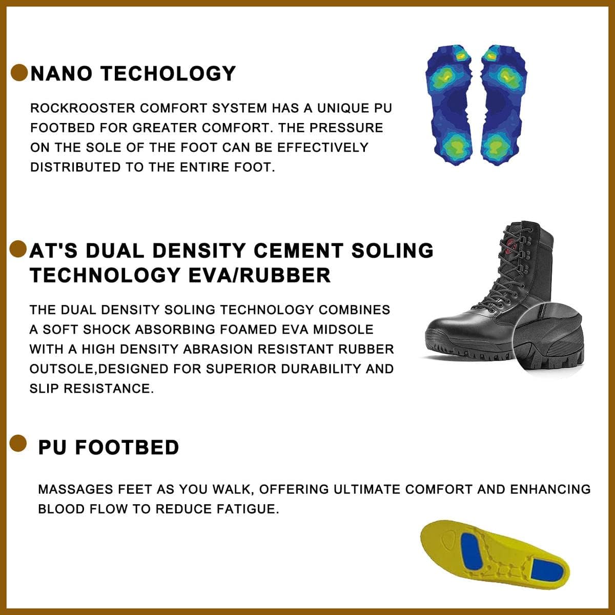 ROCKROOSTER VEGA - Men's Tactical Boots 8 Inches Lightweight Combat Outdoor Rubber Outsole Boots