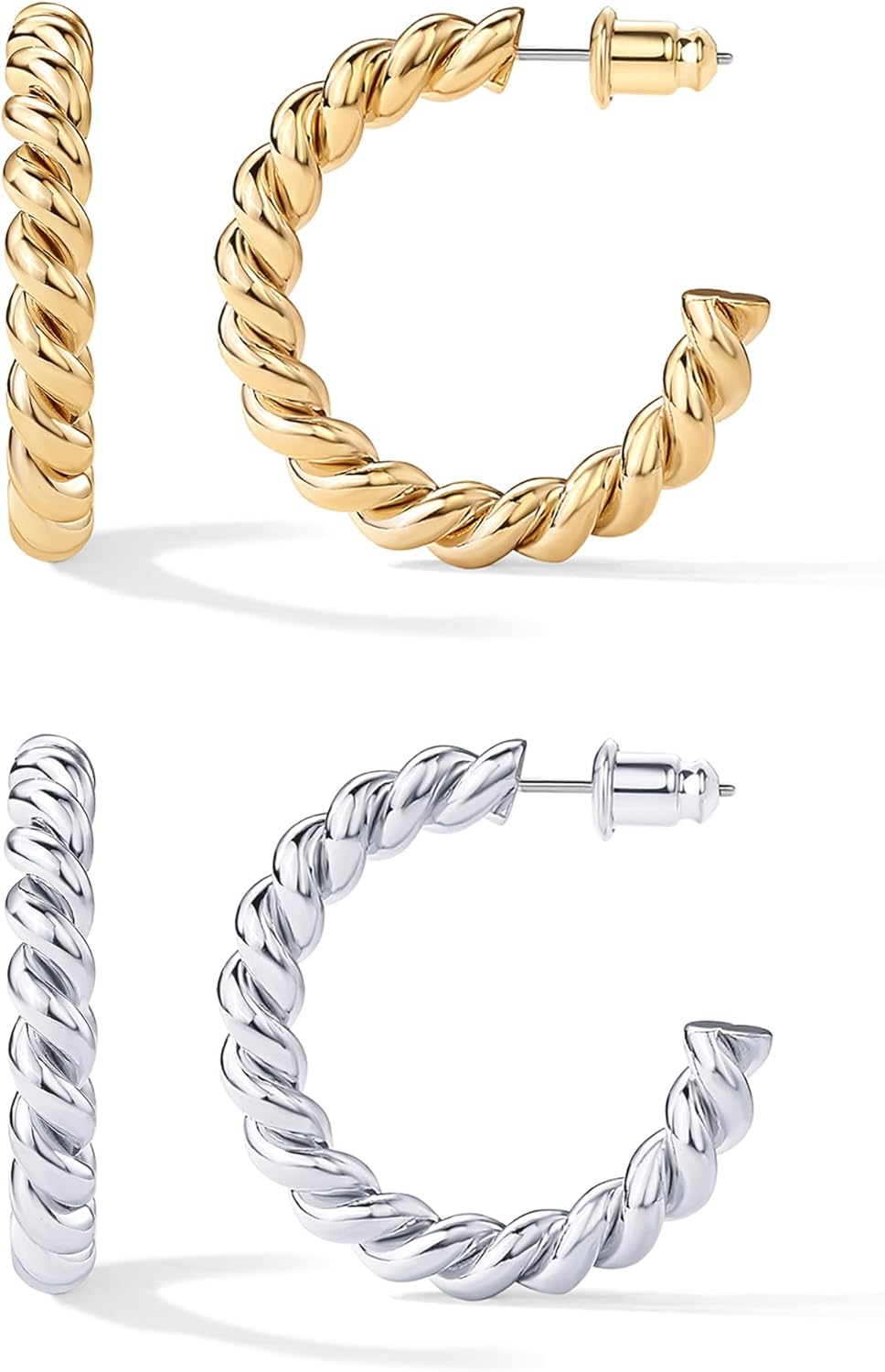 PAVOI 14K Gold Plated Twisted Rope Round Hoop Earrings in Rose, White and Yellow Gold