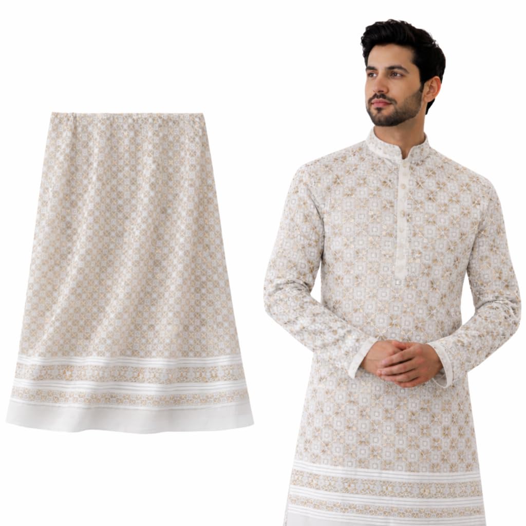 Premium Cotton Embroidered Fabric for Men | Thread Embroidery with Light Sequins | Kurta & Ethnic Wear Material | Comfortable for Size (S–XXL) | 2 Meter Length | 58 Inch Width