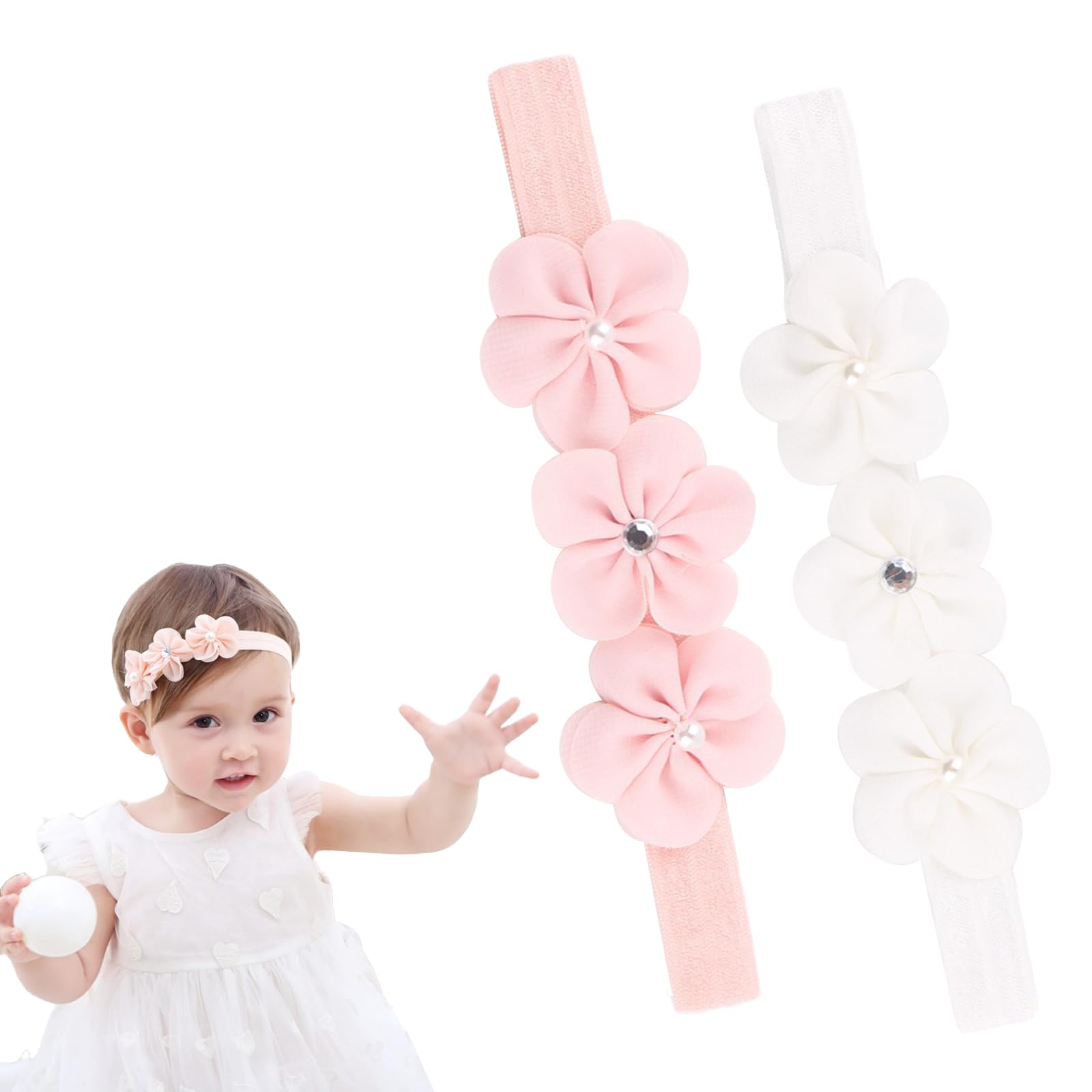 2 Fascie Battesimo Neonata con Fiori di Chiffon, Accessorio Battesimo con Fiori 3D, Fascia Capelli Morbida con 3 Fiori Manuali (Bianco + Rosa) - Regalo Perfetto per Bambine 0-24 Mesi
