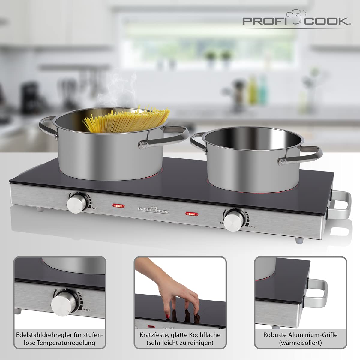ProfiCook Piastra singola a infrarossi, adatta per tutti i tipi di pentole, superficie di cottura in vetroceramica, 2800 Watt, alloggiamento in acciaio inox