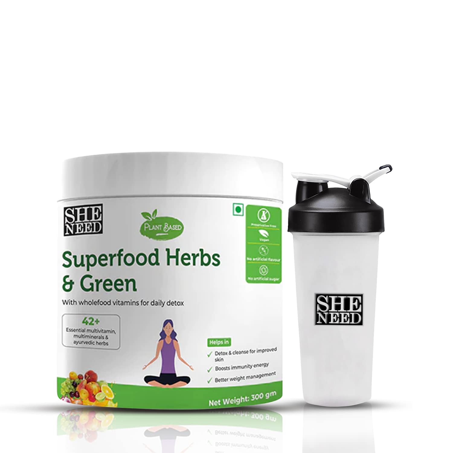 SheNeed Superfood Greens & Herbs with 42+ Vitamins & Minerals-Better Digestion & Detox - 300gm