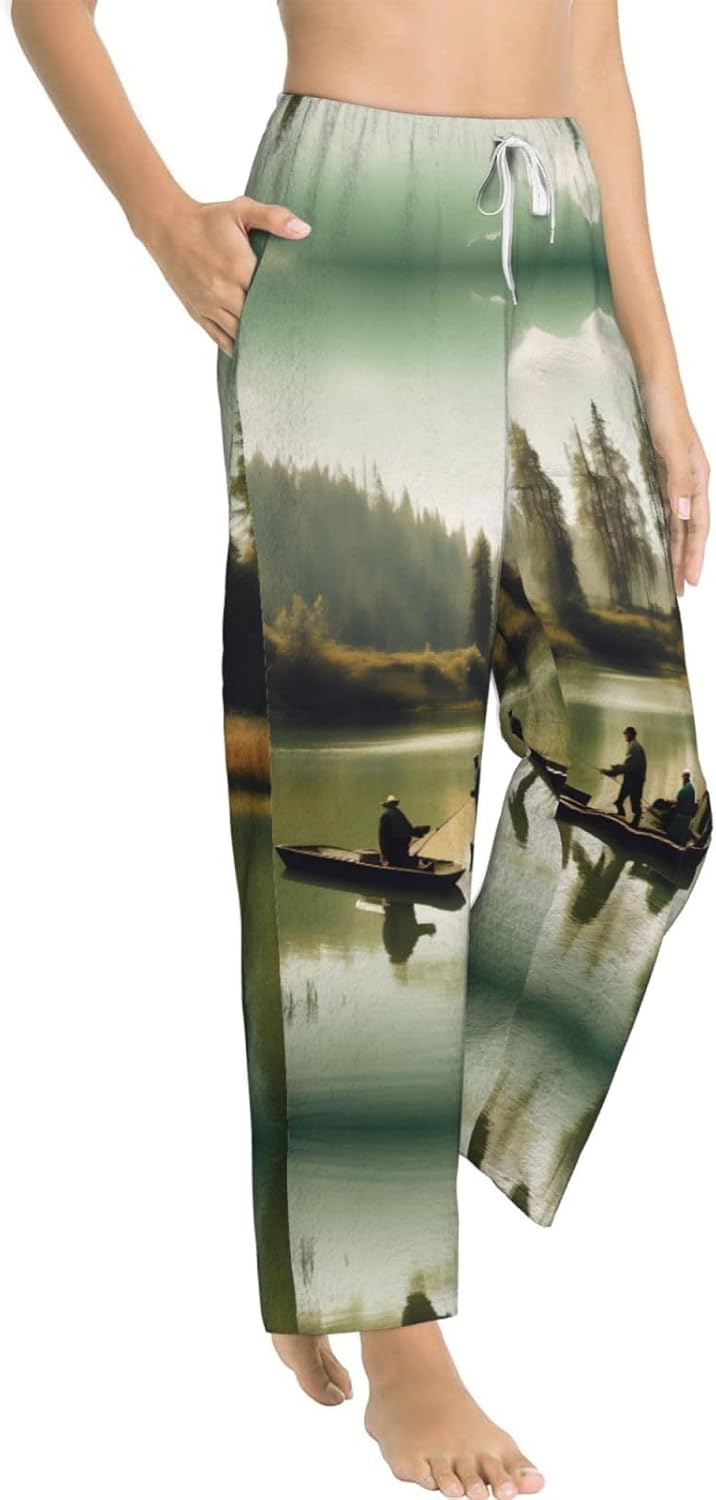 Fishing Lake Fishermens Print Cozy Flannel Pajama Pants For Women,Warm Christmas Pj Pants,Cute Fleece Pajamas