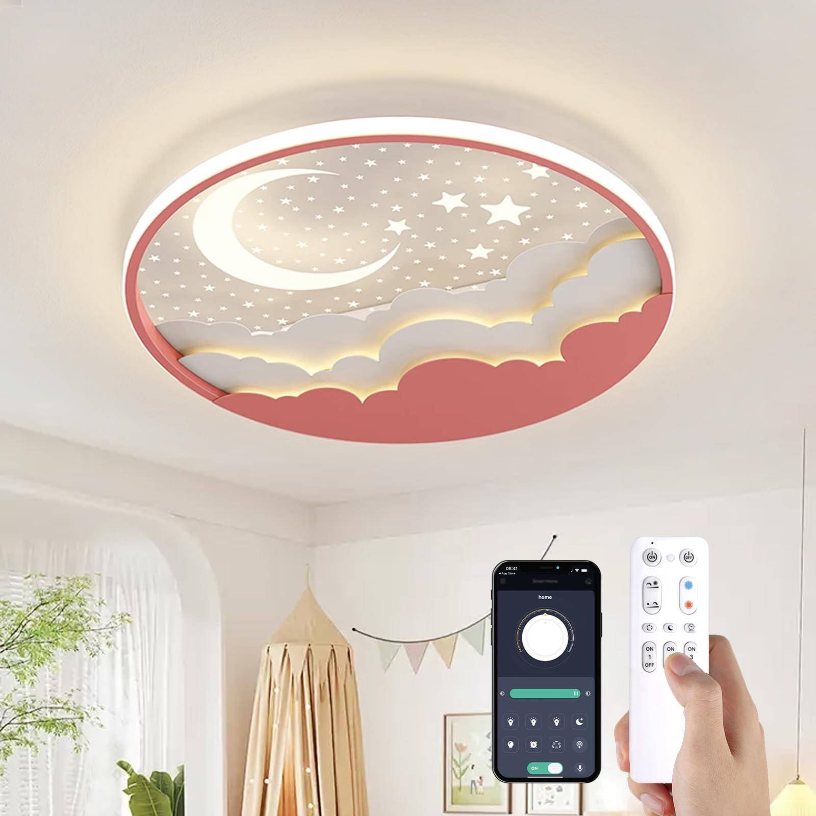 YZBEIMDAI Lampada da soffitto a LED per bambini, 50cm Stella Luna Plafoniera Cameretta Bambini Dimmerabile con Telecomando APP, 3000-6000K, Per Ragazzi Ragazze Cameretta