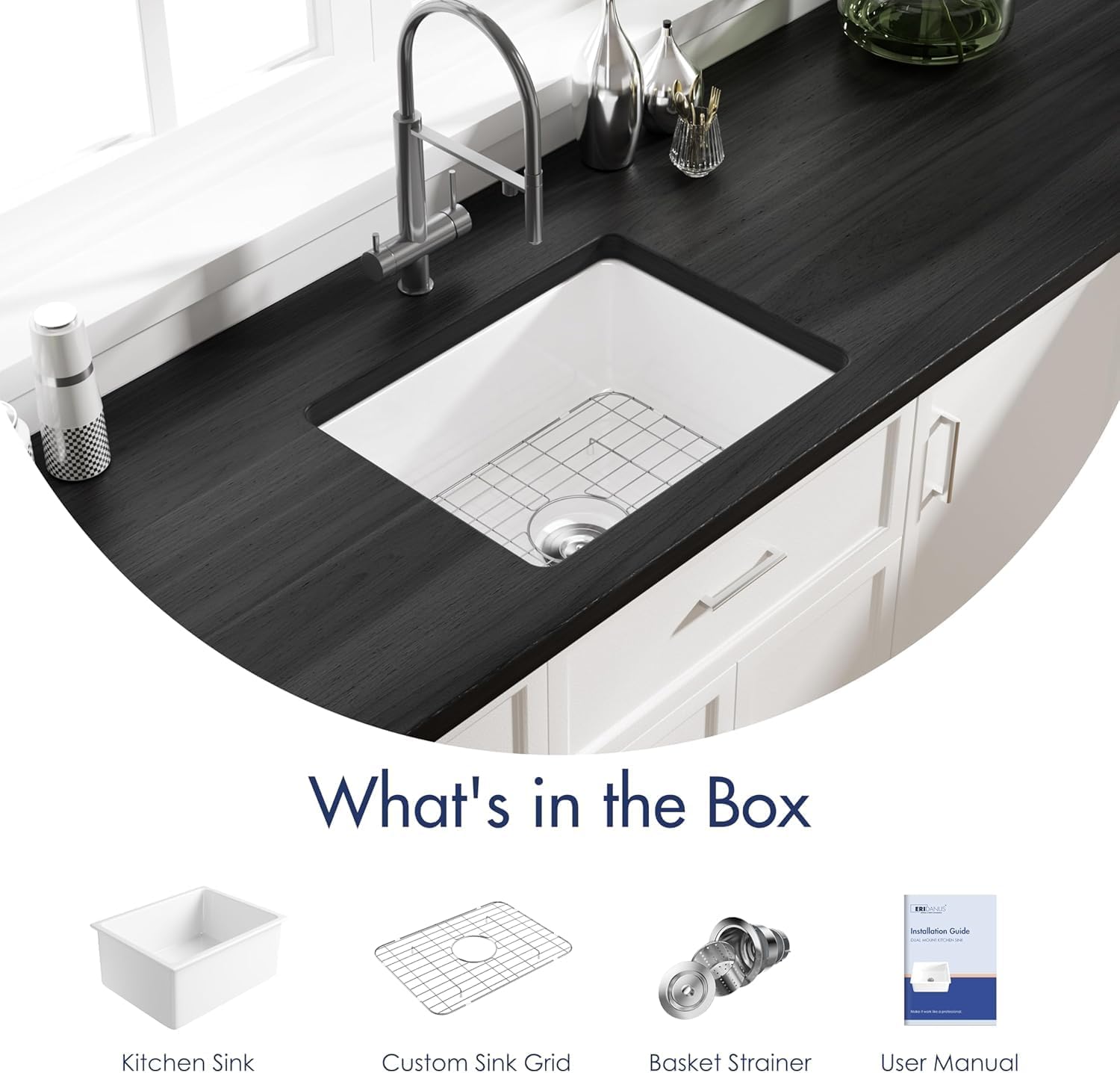Undermount Kitchen Sink, Eridanus 24" L x 18" W Undermount Kitchen Sink White Ceramic Sink Deep Single Bowl with Bottom Grid and Strainer Drain