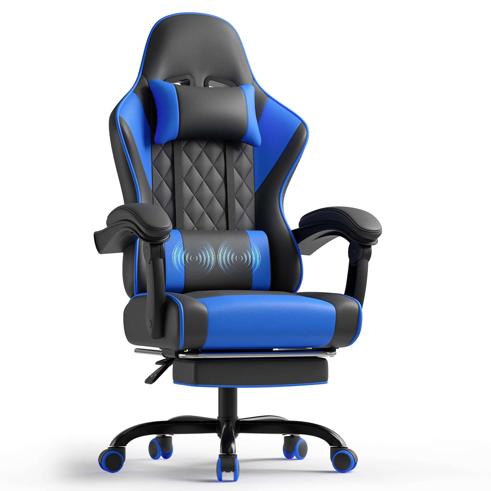 TRIUMPHKEY Gaming Chair for Adults with Footrest, Ergonomic Computer Chair with Massage Lumbar Support, Reclining Backrest, Swivel Office Gamer Chair with Headrest (Blue)
