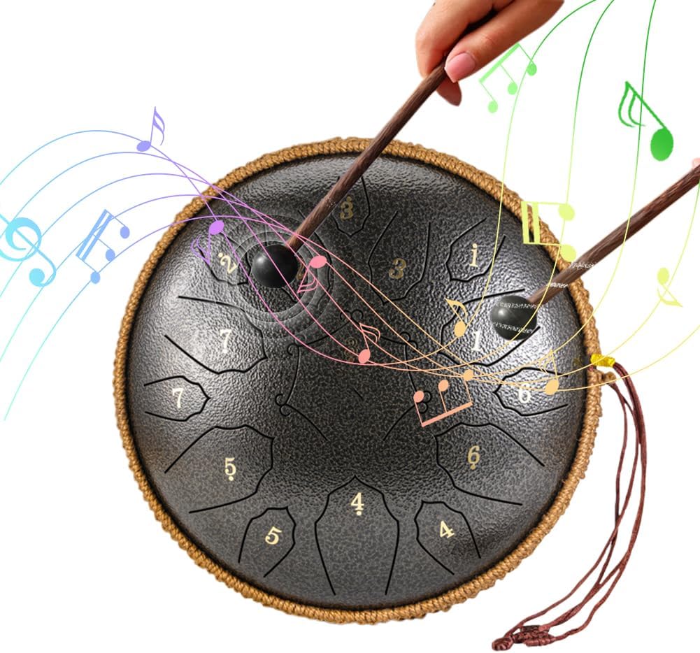 30.5cm D-Key Steel Tongue Drum - 15 Notes 14 Inch, Adult's Steel Drum Instrument, Handpan Percussion Instrument with Carry Bag & Accessories for Yoga, Meditation, Concerts & Relaxation Bronze