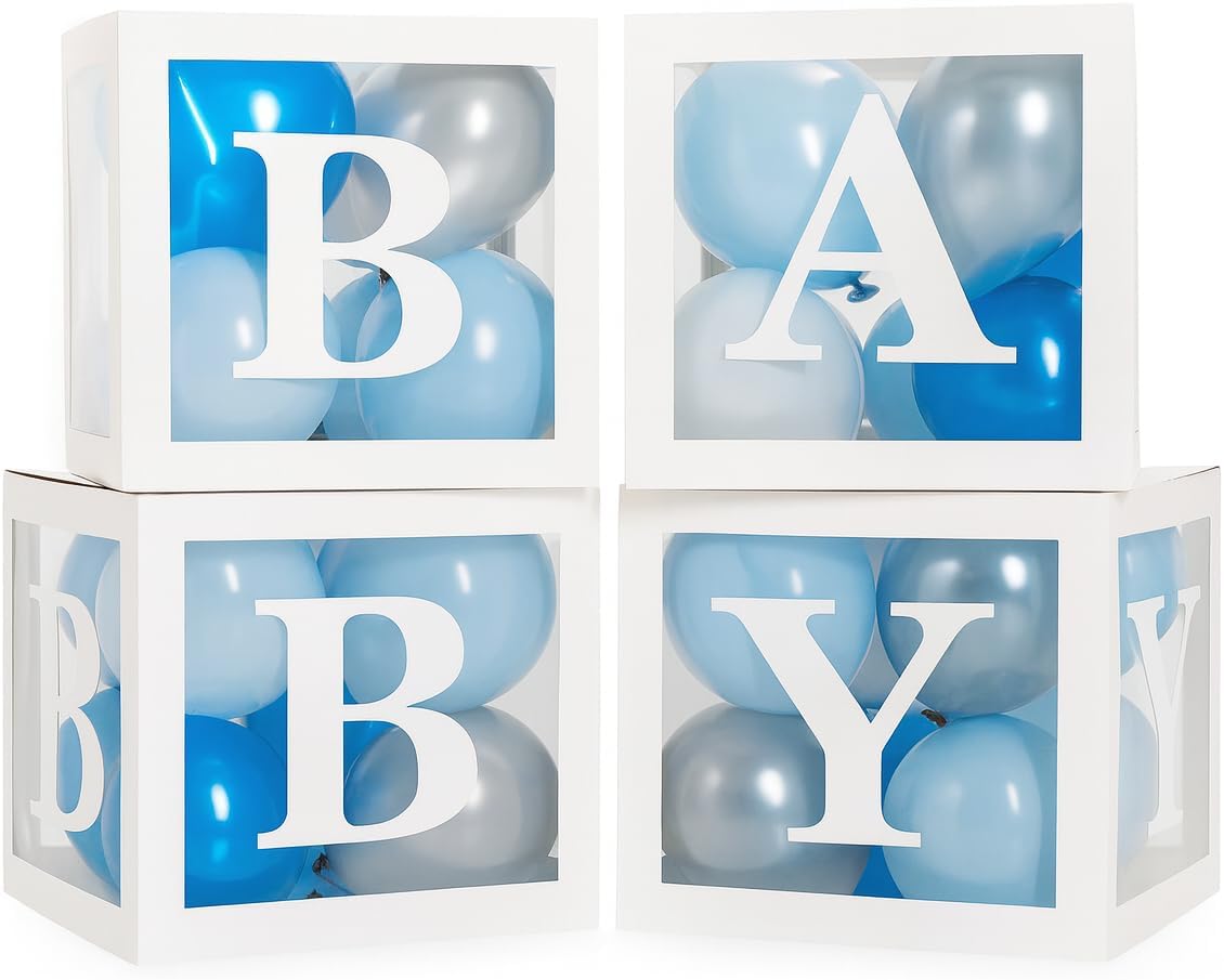 44-Pc Baby Shower Boxes & Balloons, Gender Reveal - Classic White & Blue