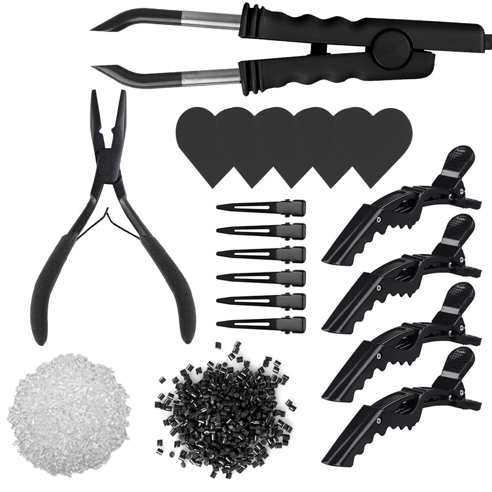 Hair Extensio Iron Kit Fusion Hair Extension Connector Iron with Single Hole Heat Shield Guards for Keratin Extensions 40g Keratin Glue Fusion Bond Crusher Pliers