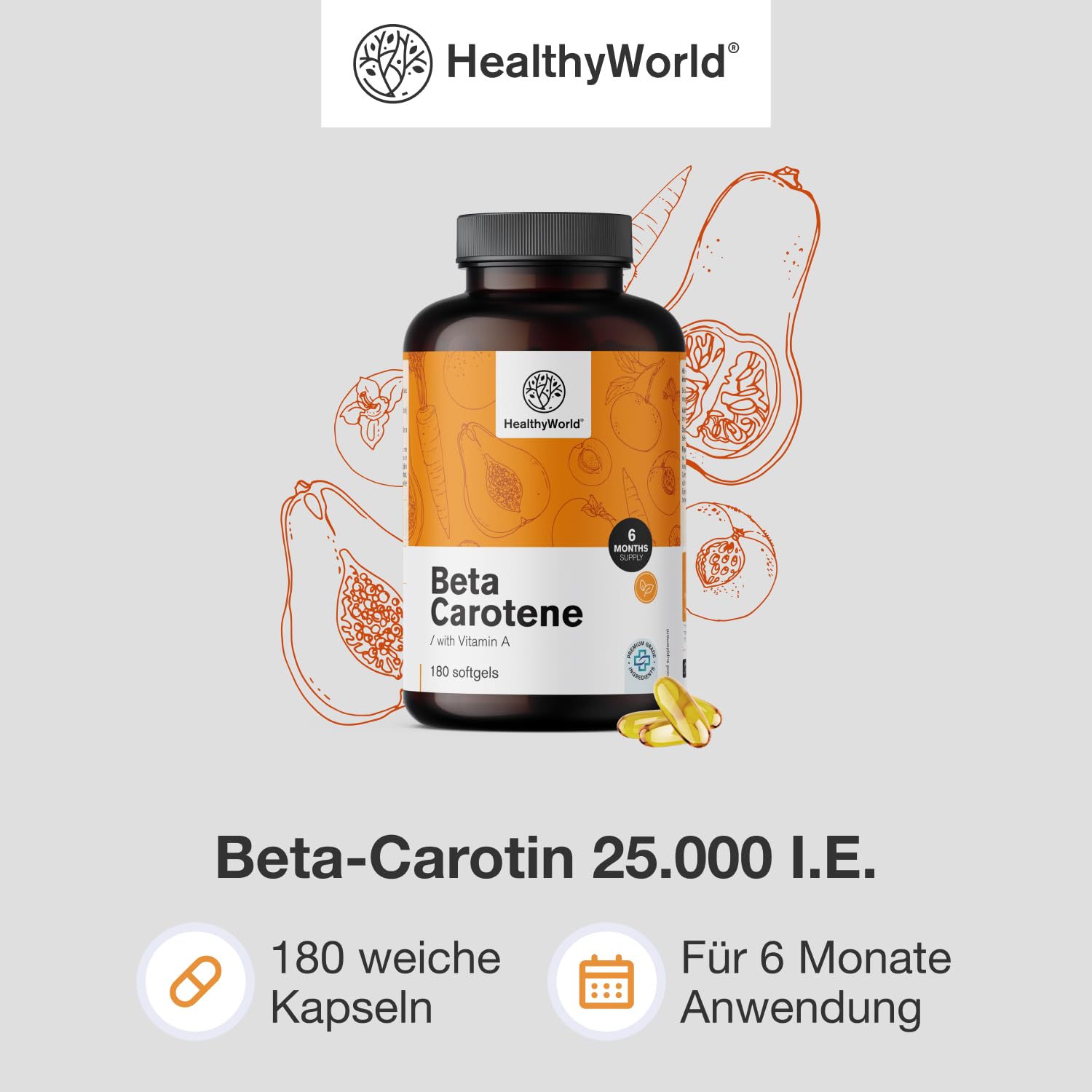 HealthyWorld Beta-Carotin 25.000 i.e. – 25.000 μg Vitamin A pro Dosis – 180 Weichkapseln – 6 Monate Vorrat – Glutenfrei und Laktosefrei – Unterstützung für das Sehvermögen und das Immunsystem