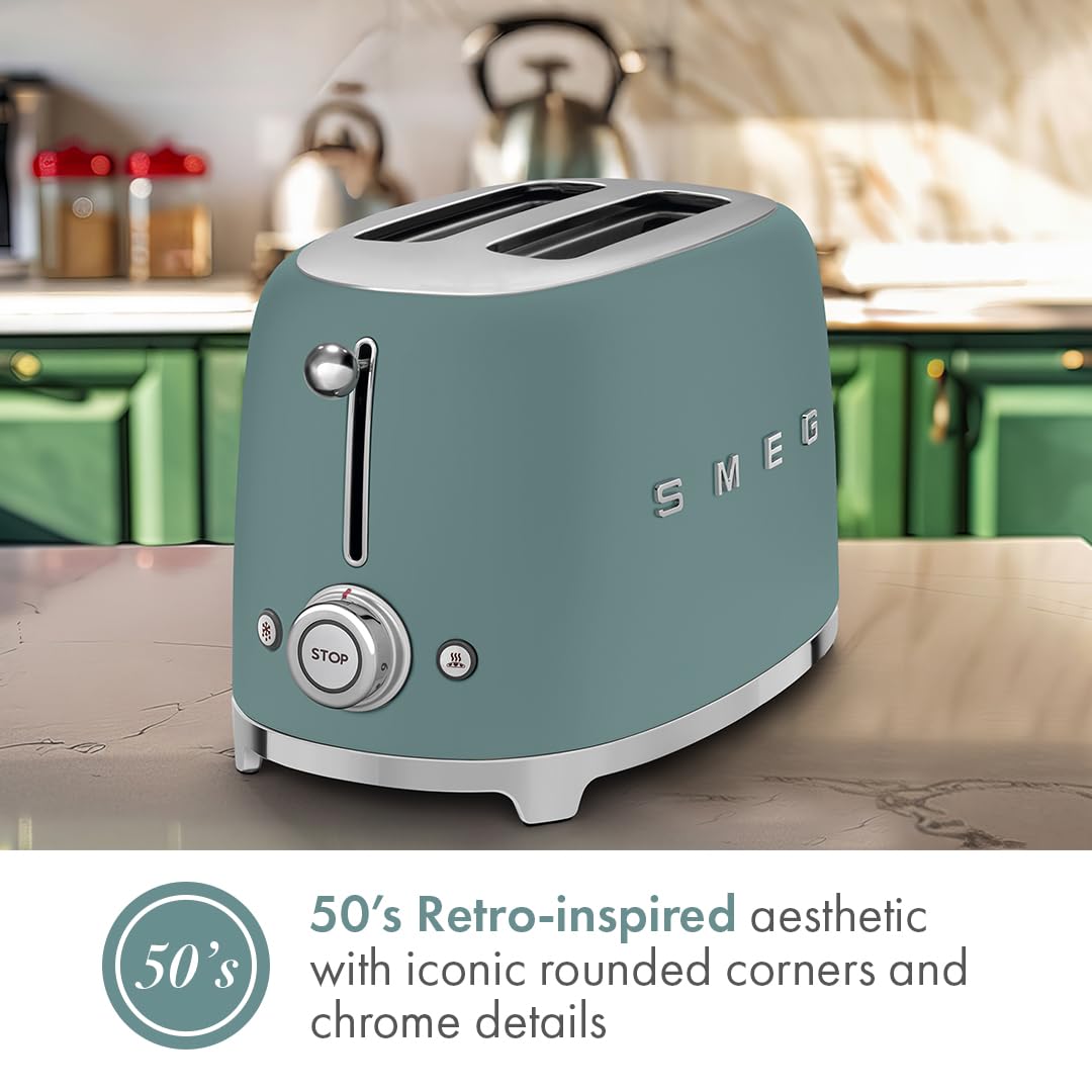 SMEG 2 Slice Toaster with 6 Presets and Defrost Function and Removable Crumb Tray (Jade)