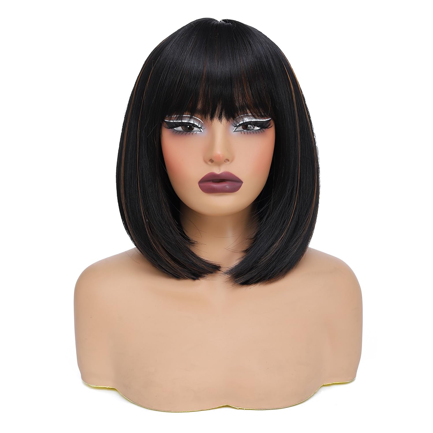 Short Bob Wig with Bangs Black Mixed Brown Wigs for Women