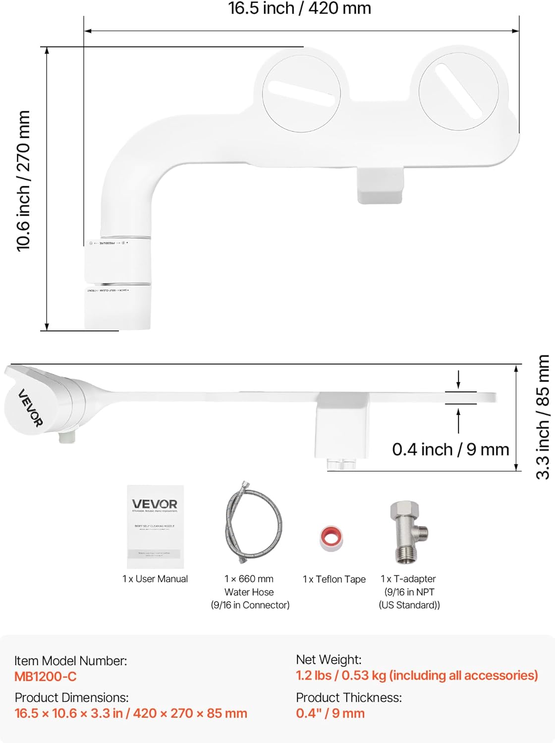 VEVOR Bidet Attachment for Toilet, Self-Cleaning Bidet Toilet Seat Attachment - Dual Retractable Nozzles, Adjustable Water Pressure, Easily Installed Cold Water Sprayer for Rear Feminine Wash, White