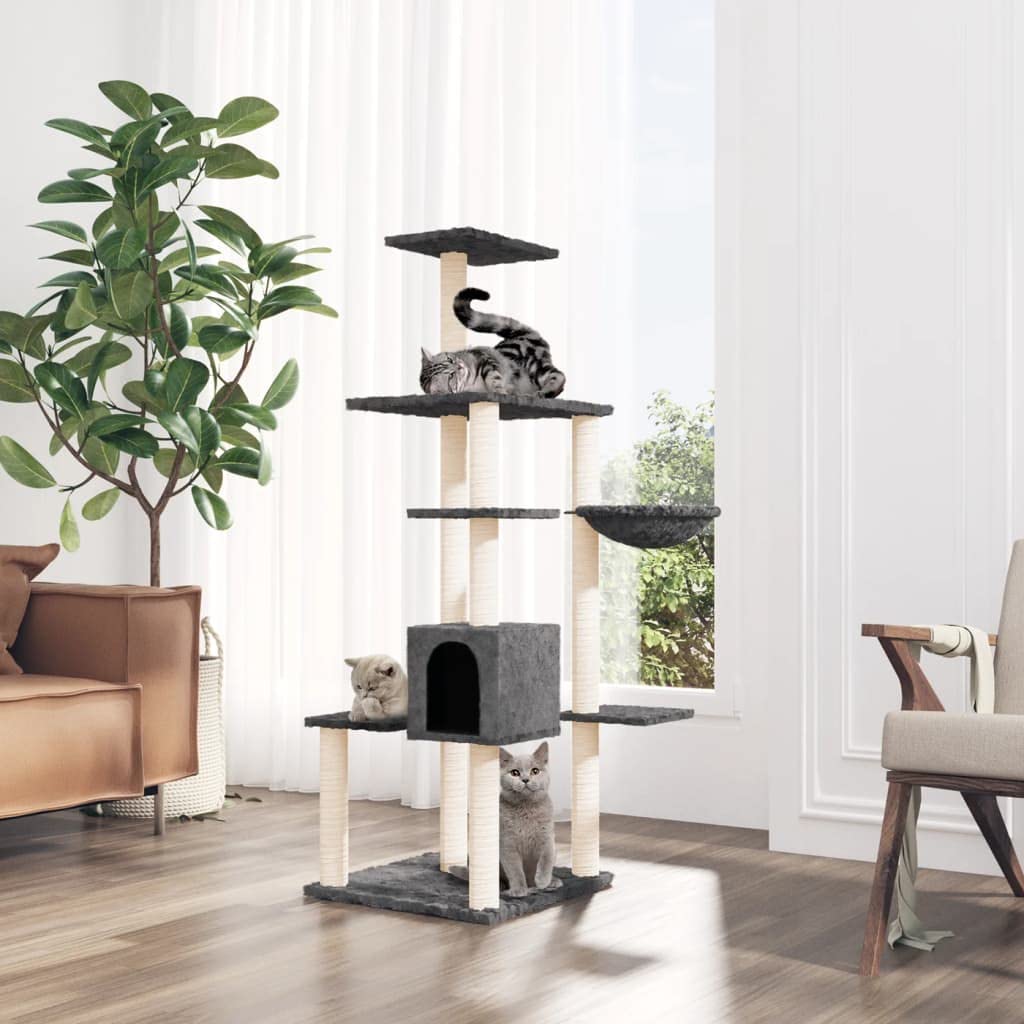 Rascador para gatos de 142 cm de alto, color gris oscuro, torre de varios pisos con postes rascadores de sisal, cómoda cueva para gatos y cama para gatos, estructura de escalada de madera