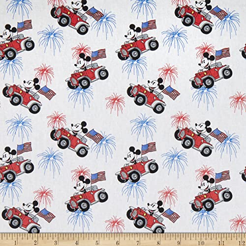 Disney Mickey Patriotic Car White, Fabric by The Yard