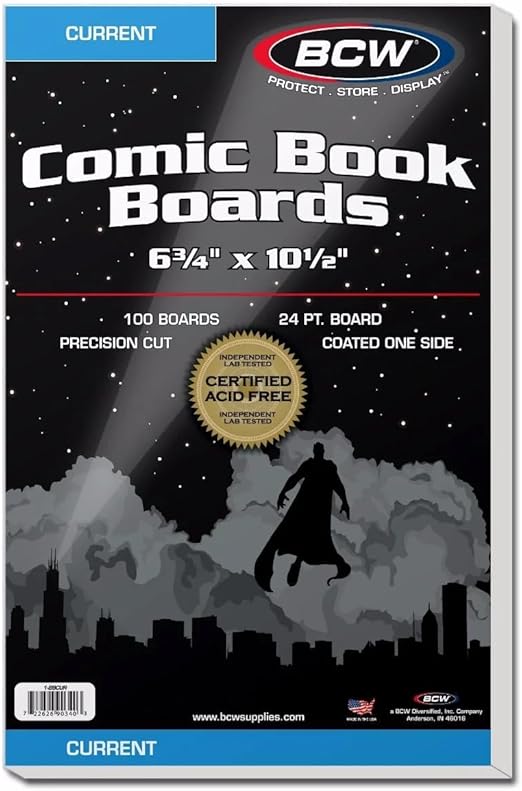 BCW Current Comic Book Backing Boards - 100 Pack | 24 pt., Coated, Buffered with 3% Calcium Carbonate | Precision Cut for Current Comic Bags | Long-Term Comic Book Storage