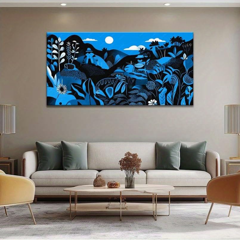 Cuadro de paisaje tropical en lienzo, lámina artística botánica de la jungla con luna y luz nocturna, decoración de pared en lienzo (70x120cm/con marco)