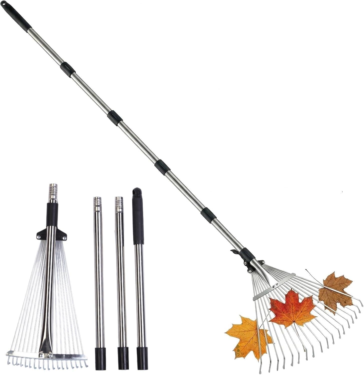 Nikou Rastrillo de Hojas Ajustable con Mango, 180 cm Rastrillo de Jardin | Acero Inoxidable, Regulable, 18 Dientes, con Guantes, para Limpiar Plantas, Césped y Patio