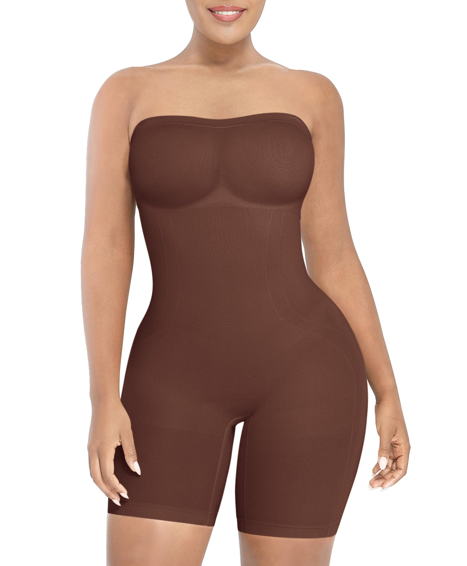 SHAPELLX Women's Shapewear Bodysuits Tummy Control Butt Lifter Body Shaper Strapless Seamless Mid Thigh Jumpsuit Tops