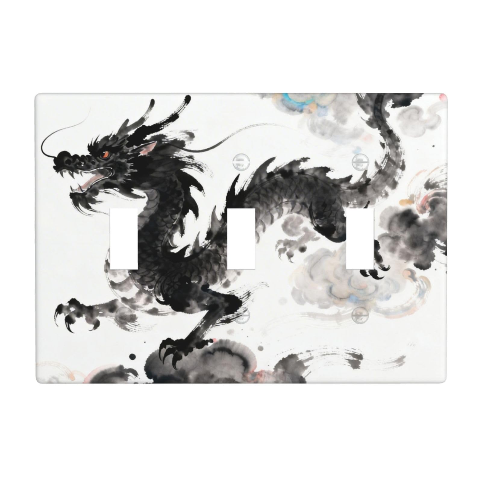 Ink Dragon Pattern 3 Gang Switch Plate Cover-Unbreakable Polycarbonate Wall Plate, Heat Resistant Toggle Switch Decor for Home