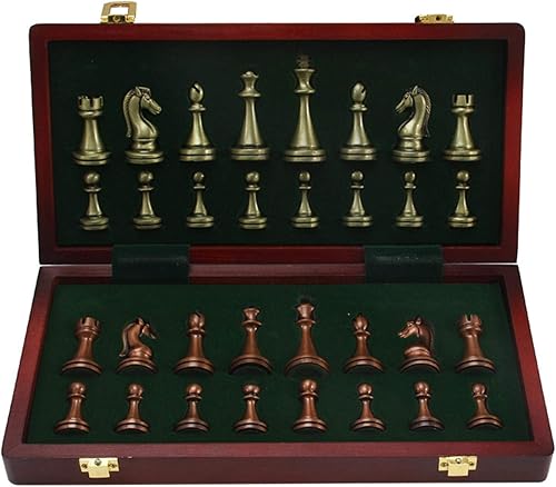 Juego de ajedrez, grande de metal de lujo de ajedrez retro chapado en cobre aleación de ajedrez adulto juego de mesa portátil caja de madera