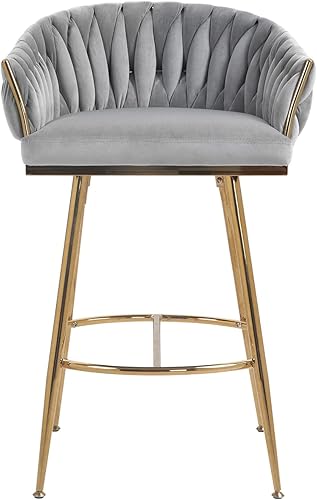 Miniatura 3 de Juego de 2 taburetes de bar de altura de mostrador de 26 pulgadas, taburete de bar de terciopelo para isla de cocina con respaldo ondulado, base
