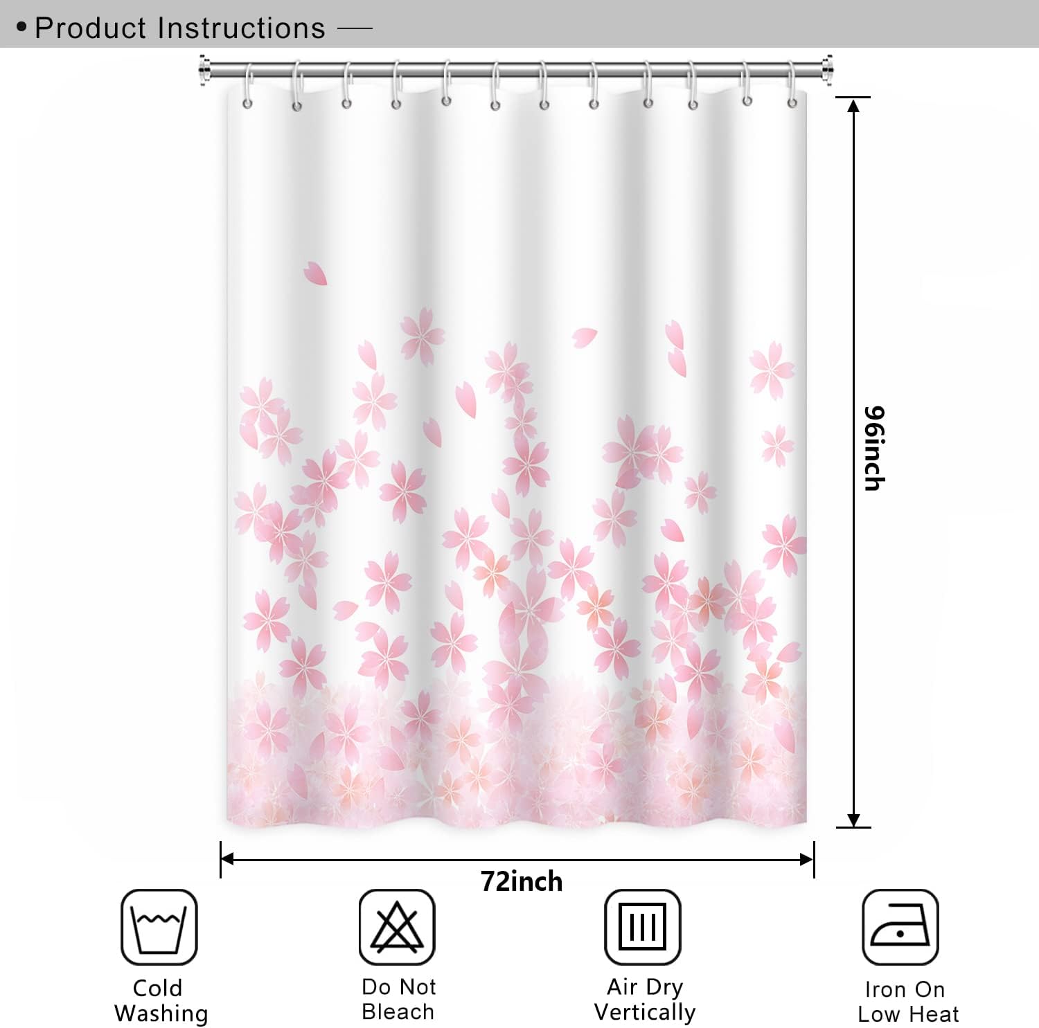 Pink Floral Bathroom Shower Curtain Cherry Blossom Dreamy Flowers Petal Shower Curtain with Hooks Polyester Waterproof Fabric Girly Home Decorative Bathtub, 72x96 Inch