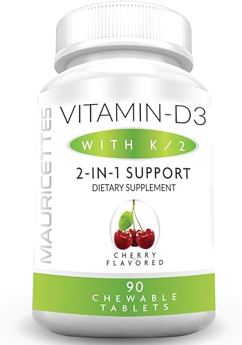 Vitamina D3 masticable con K2 - Apoyo 2 en 1 para la salud ósea y cardíaca - Refuerzo inmunológico - Sabor natural a cereza - 90 tabletas para