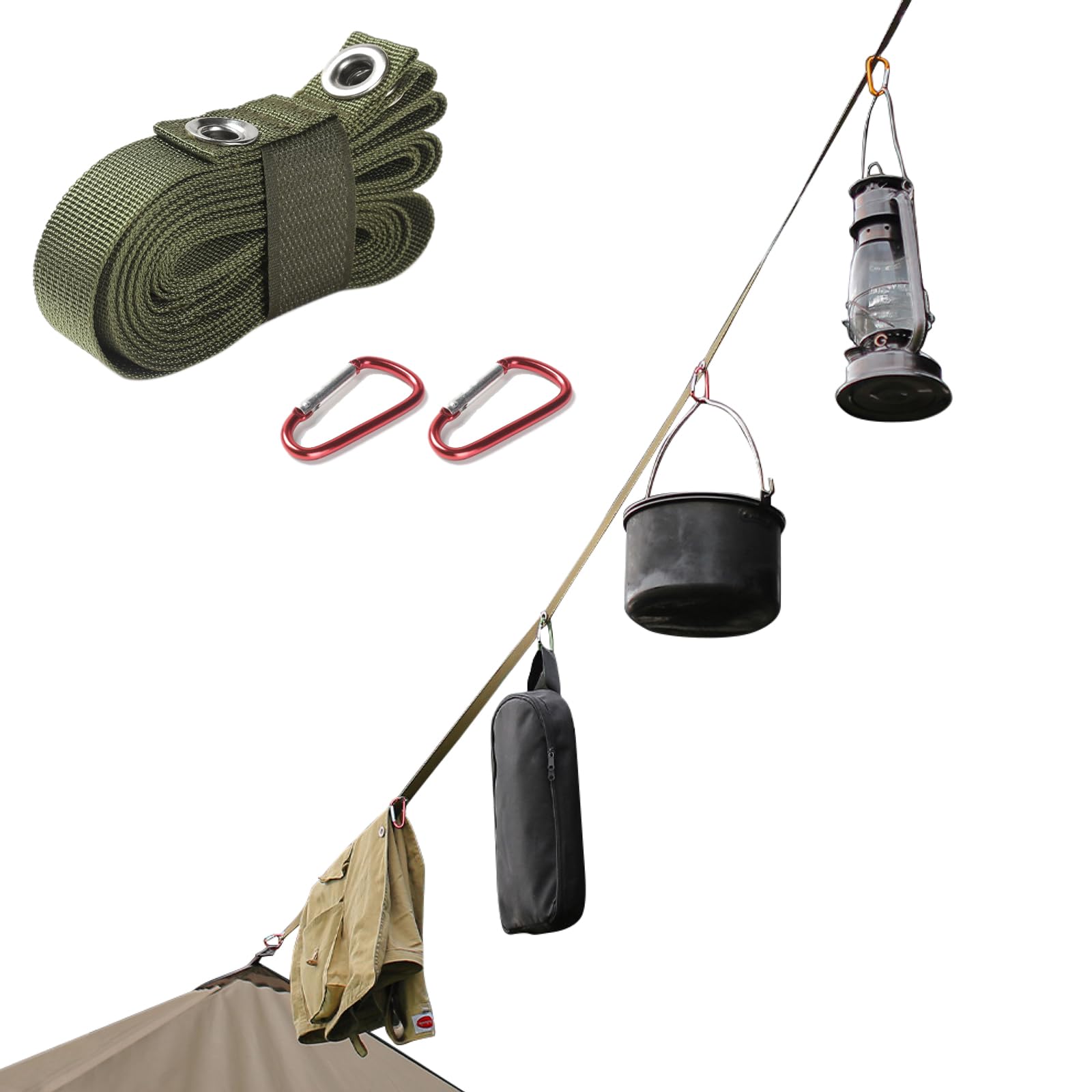 Corde à Linge De Camping 5.3 M - Tente Bâche Rangement - Kaki - Réutilisable