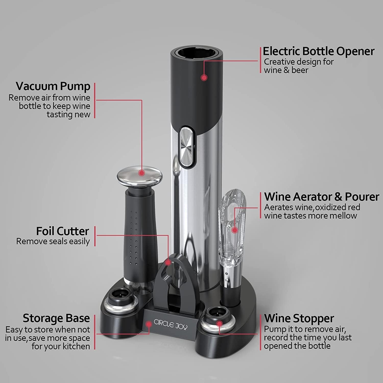 CIRCLE JOY Elektrischer Korkenzieher, 7 in 1, wiederaufladbar, Geschenkset für Wein und Bier, mit Sockel, Folienschneider, Weinbelüfter, Vakuumpumpe und 2 Weinkorken