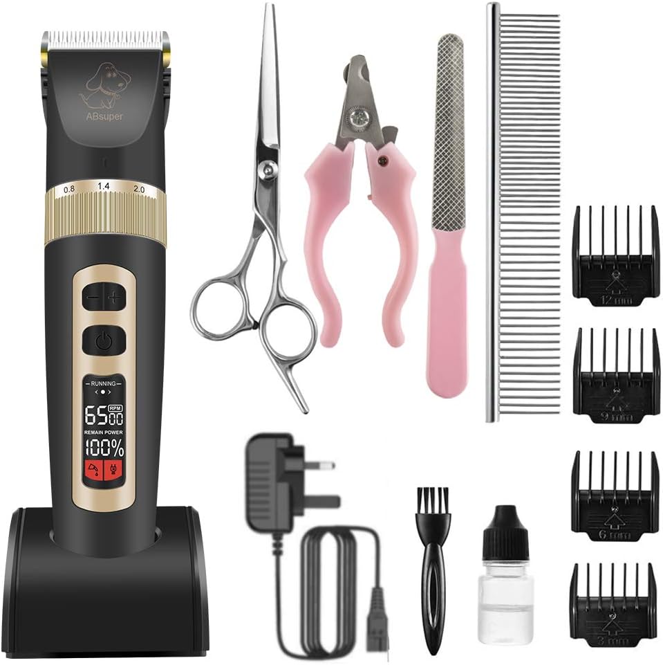 ABsuper Dog Clippers, 3 Speeds Rechargeable Dog Grooming Kit Cordless Dog Grooming Clippers Low Noise, LCD Display Dog Hair Clippers with Guide Combs Scissors Cleaning Brush Oil Nail Kits AC Adapter