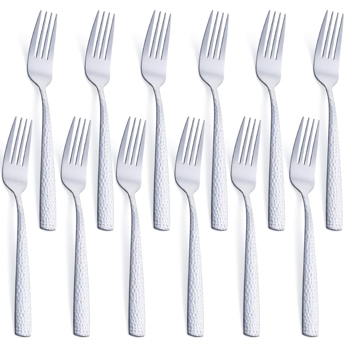 Salad Fork Set of 12, FULLYWARE Satin Finish Stainless Steel Dessert Fork, 7.3-inch Hammered Metal Silverware Fork Set, Dishwasher Safe