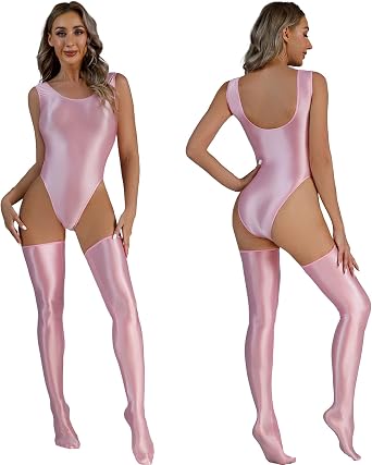 Freebily Womens 2Pcs Outfits Stretchy Glossy Bodysuit Tight Oil Shiny Leotard Swimsuit with Stocking