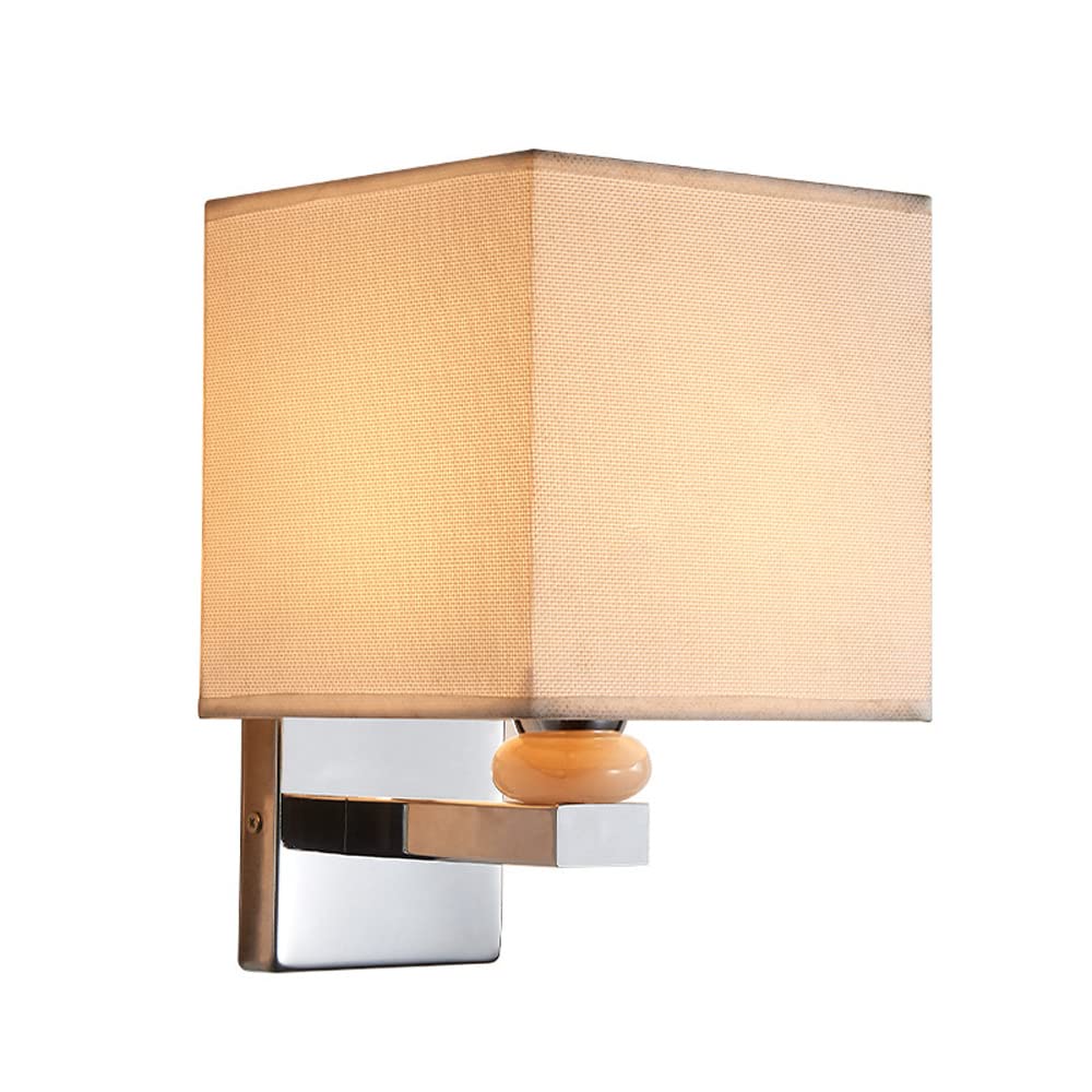 SXECAEPS Classic Single Wall Sconce Lighting Fixture Square Textile Lamp Shade, Antique Chrome Mount Reading Light, Fabric Hardwired Sconces for Living Room Bedroom Bedside