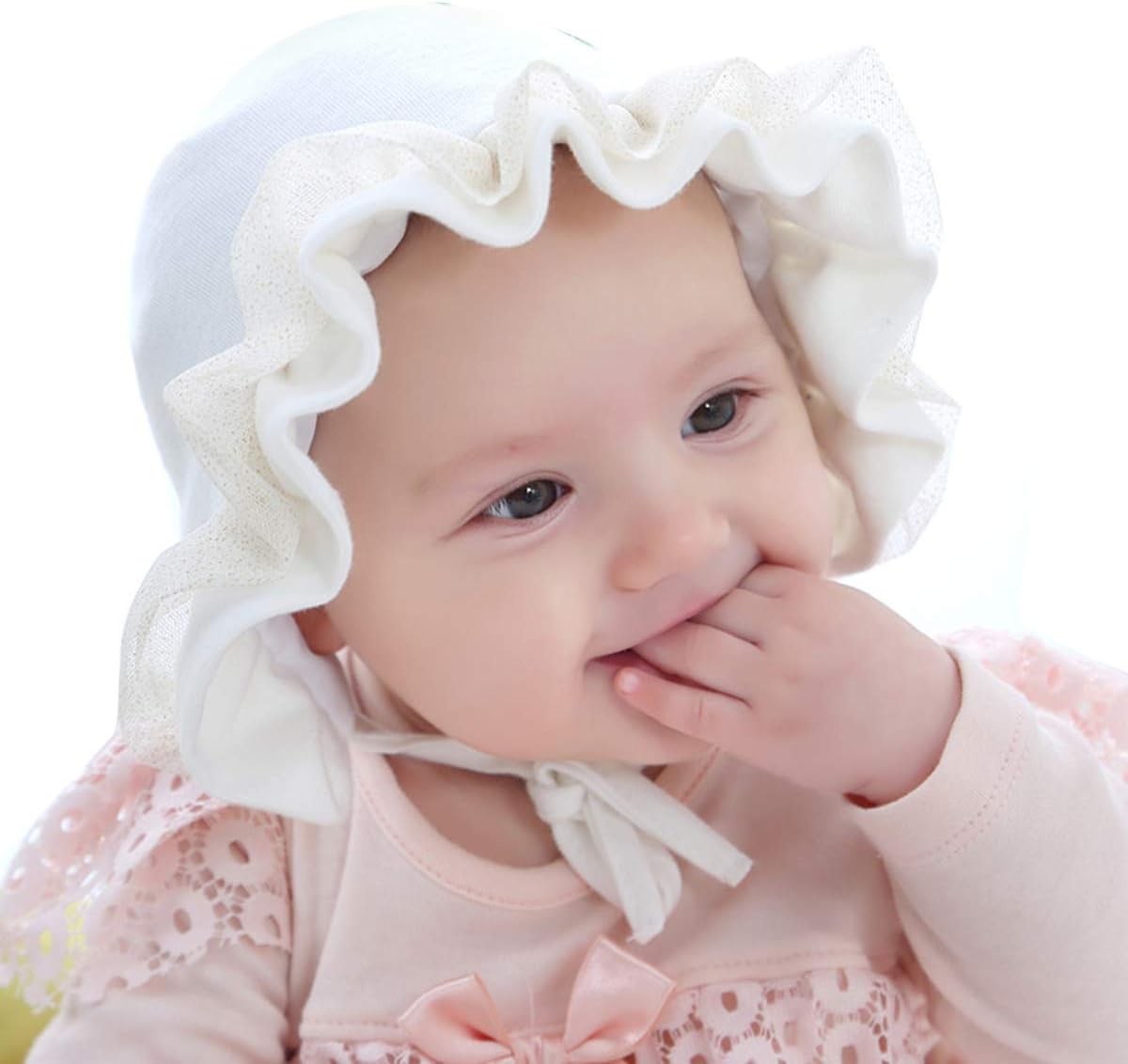 DERCLIVE Baby Girl Toddlers Breathable Lacy Bonnet Adjustable Cotton Hat Sun Protection,White/Pink