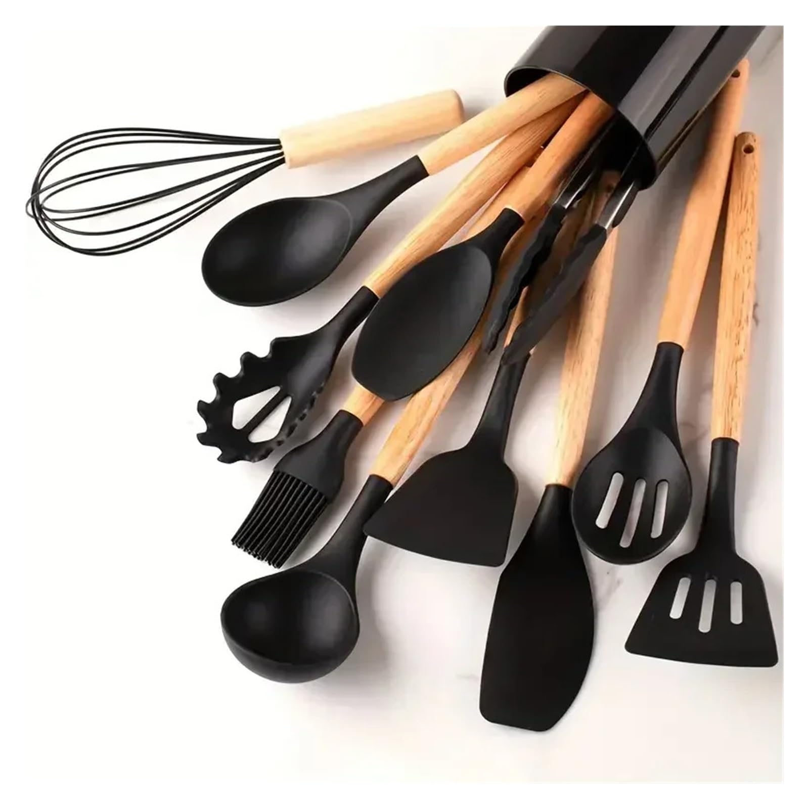 Juego de utensilios cocina con mango madera y silicona: espátula cuchara(12pcs gray)