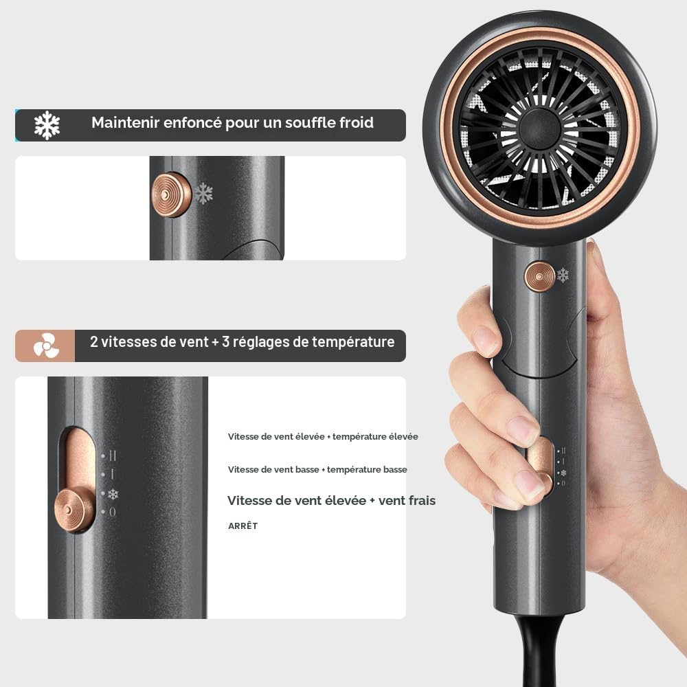Sèche-cheveux ionique 2400W avec sac de rangement et support, séchage rapide, léger et compact, Seche Cheveux avec bouton chaud/froid, 3 chauffages, 3 vitesses/sèche-cheveux de salon avec 3 embouts