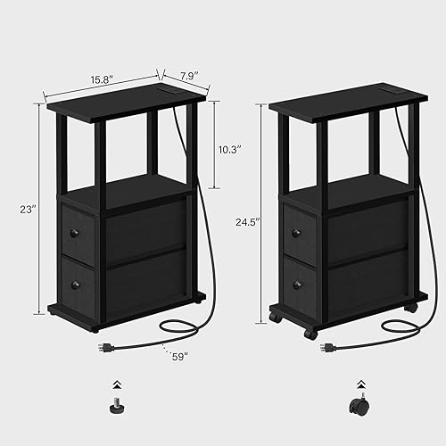 Miniatura 3 de TUTOTAK Mesas pequeñas estrechas, mesas auxiliares con 2 cajones de tela, juego de 2, mesitas de noche con estación de carga para espacios pequeños,
