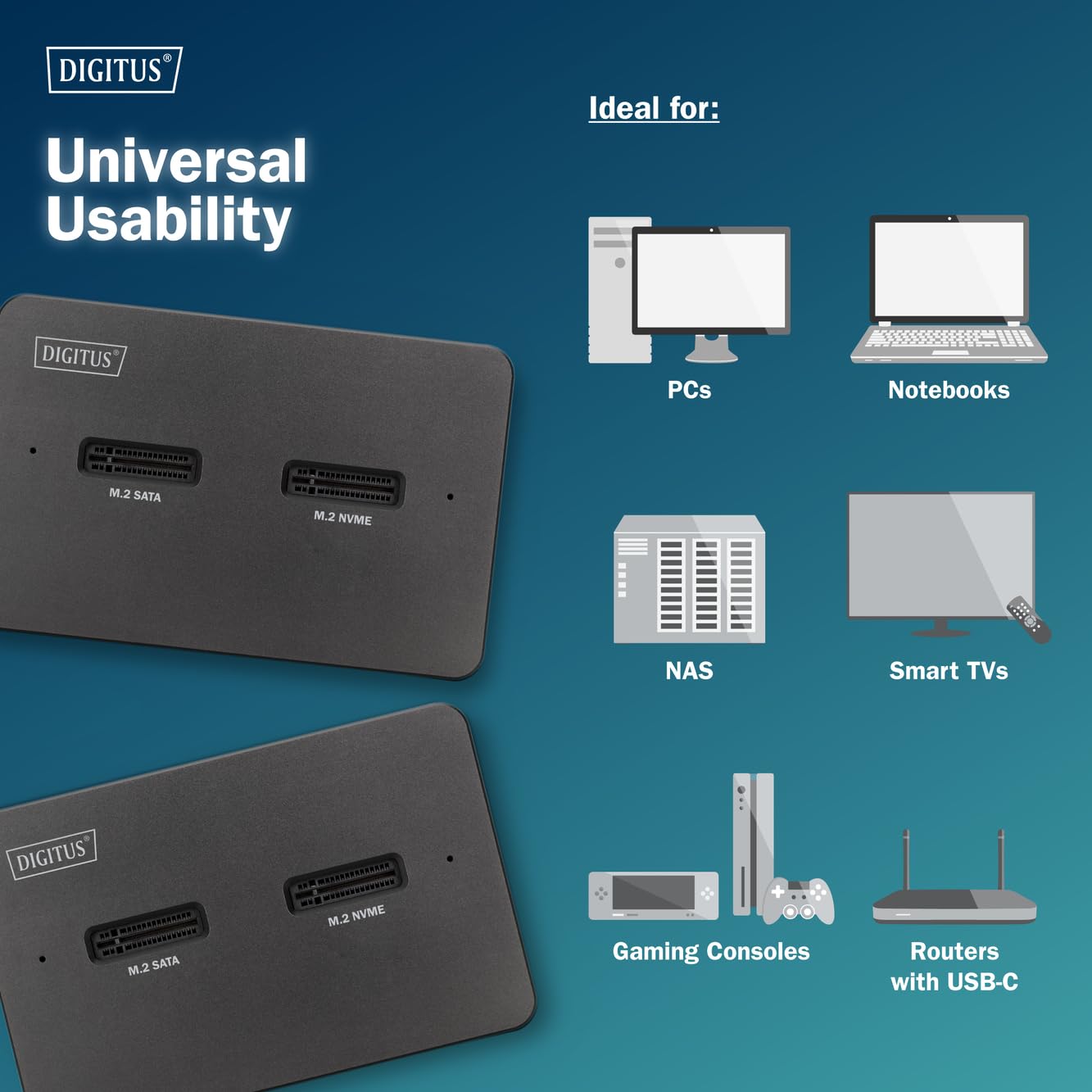DIGITUS M.2 SSD Docking Station – per SSD NVMe e SATA fino a 4 TB – Lettore di schede SD Express – USB-C 3.2 Gen2 10 Gbit/s – per 2242, 2260, 2280, 22110 – Hot-Swap – Nero