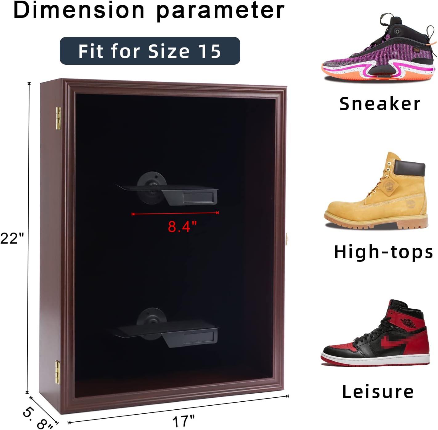 Memorabilia Shoe Display Case Wooden Frame Wall Mount Acrylic Clear Door Sneaker Cabinet Containers Storage Shelves Boxes 98% UV Protection Lockable（Double Shoe-Cherry） (Double Shoe-Cherry)