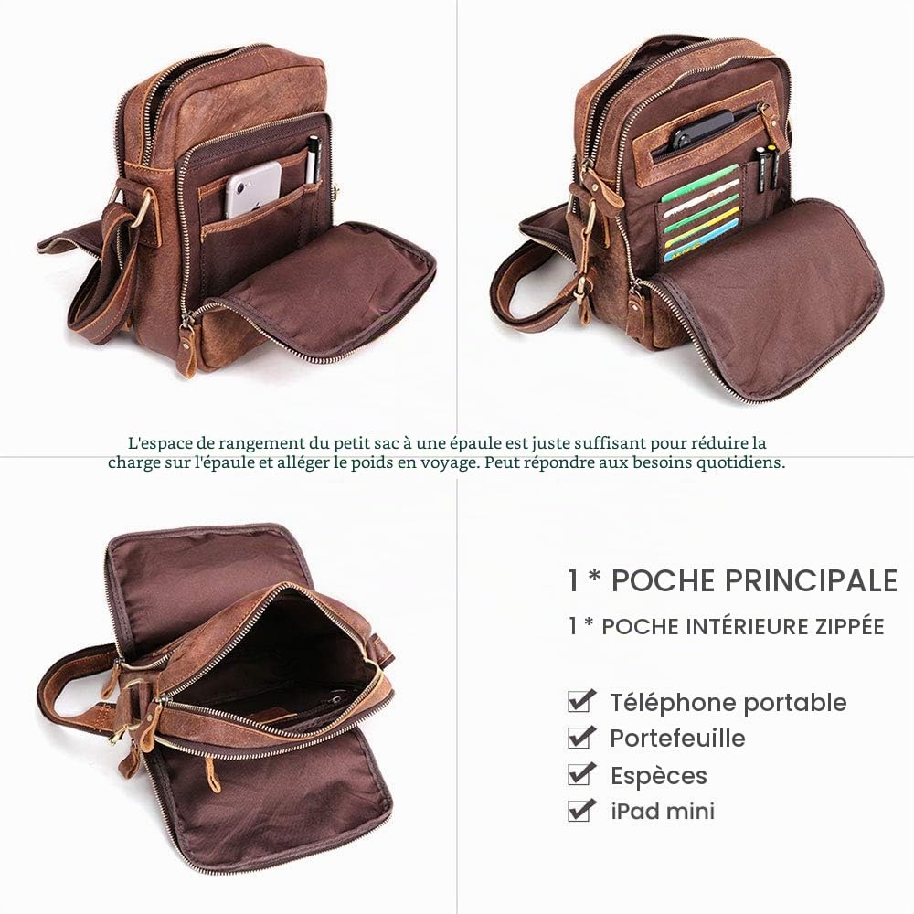 BAIGIO Sac à Bandoulière pour Homme en Cuir véritable, Petit Sacoche Bandoulière, Sac Croisé Vintage, Sacoche Cuir Homme pour Travail, Voyage, Vie Quotidienne